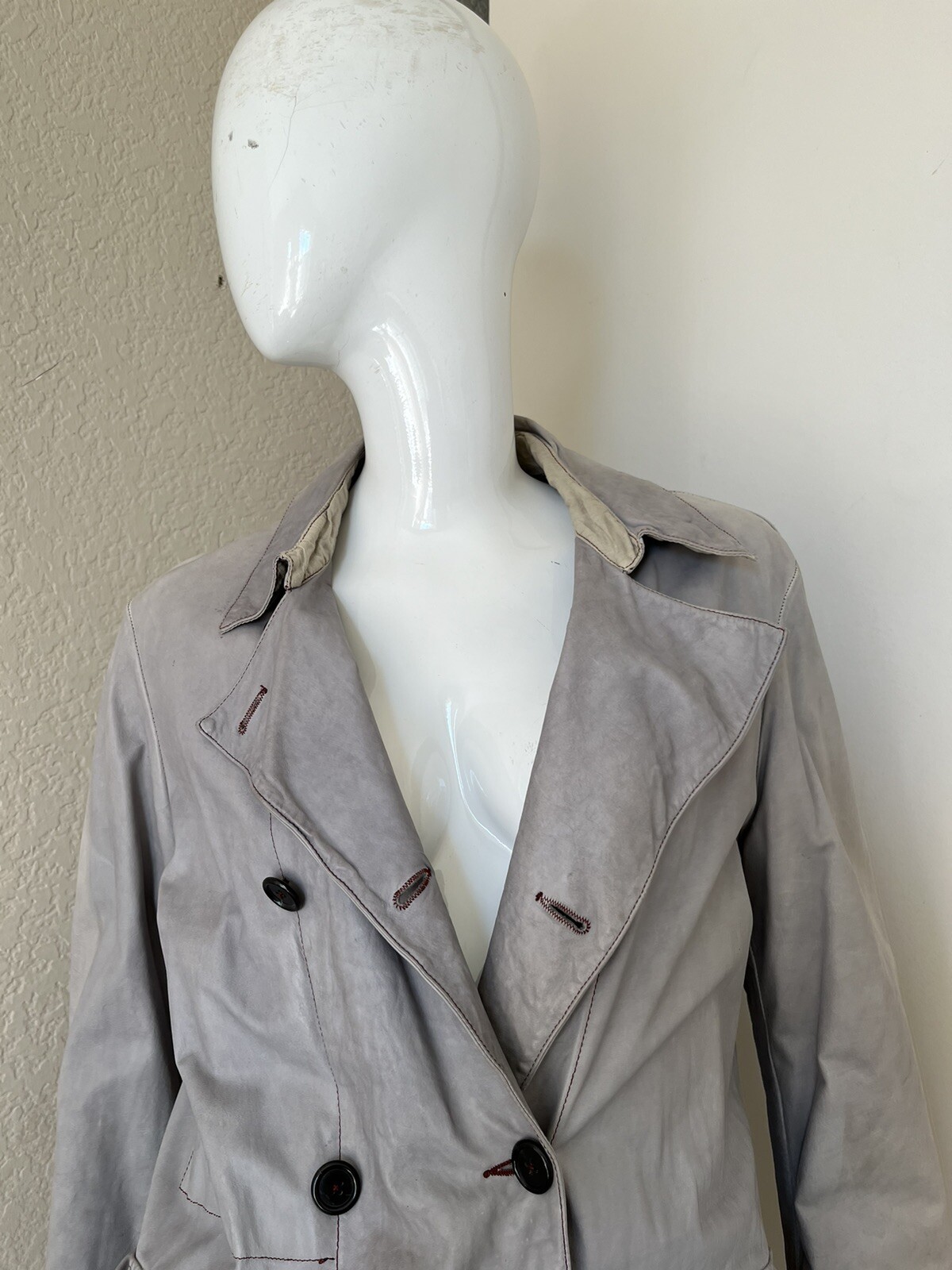 NIGEL PRESTON VINTAGE 90’S RARE! Gray Leather Double Breasted Lined Trench Coat