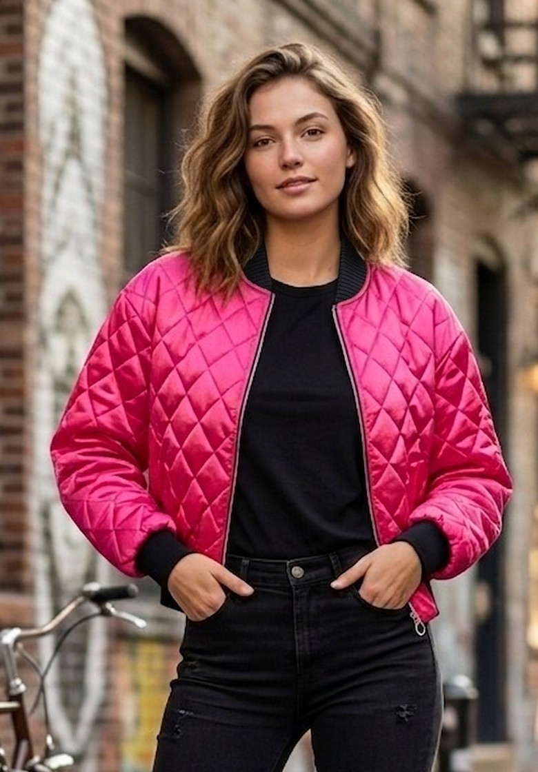 2XS Vintage 80’s Neon Hot Pink Puffer Quilted GLAM ROCK Bomber Jacket S/M