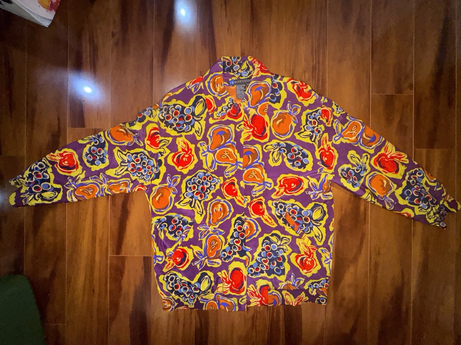 Vintage I.B. Diffusion Silk Fruit Print Jacket Womens 14 90s Shoulder Pad