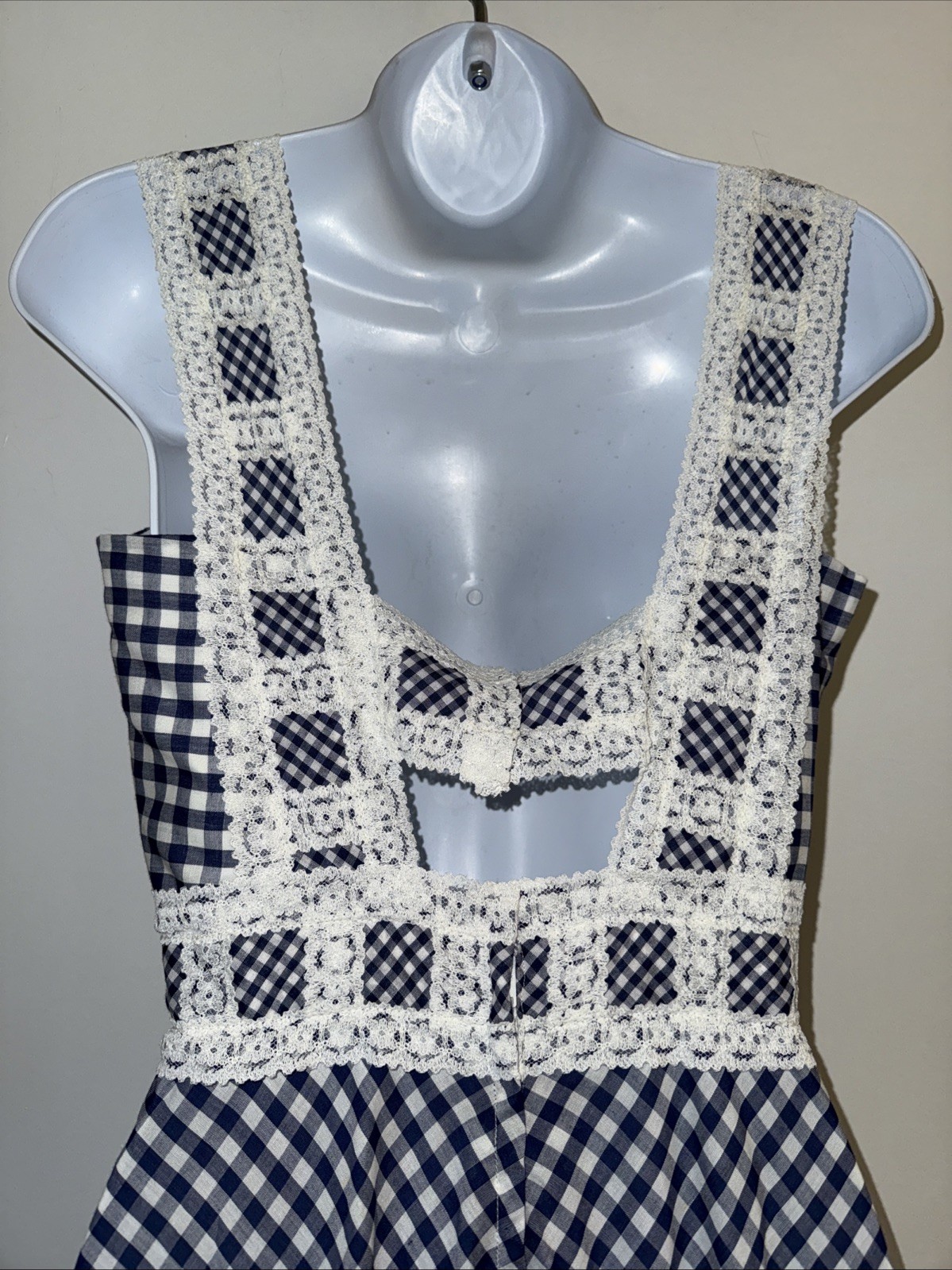 70s VTG Maxi Dress Blue White Gingham Lace Tiered Prairie CottageCore Unique
