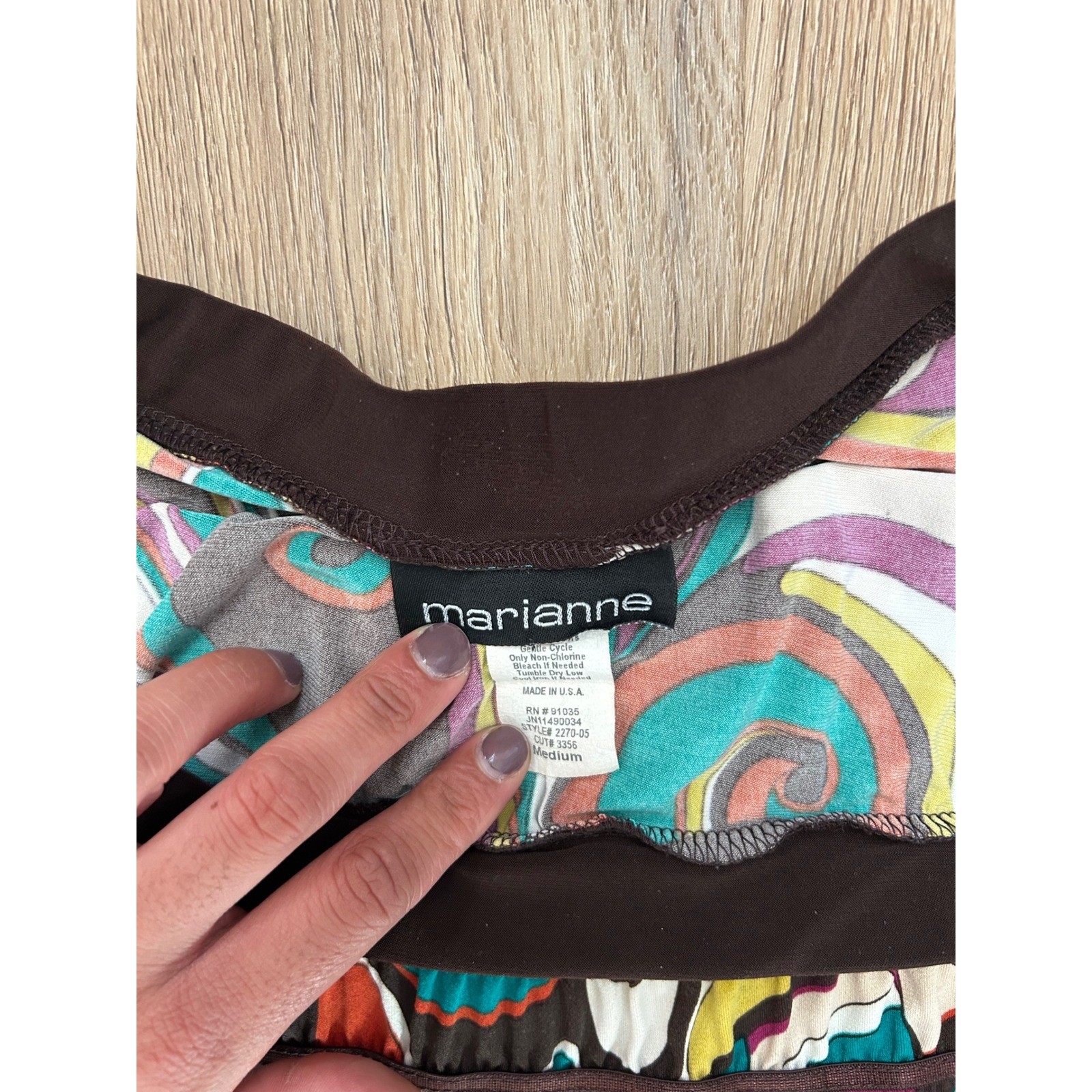 Vtg Strapless Maxi Dress Psychedelic Swirl Print Brown Multi M boho Funky resort