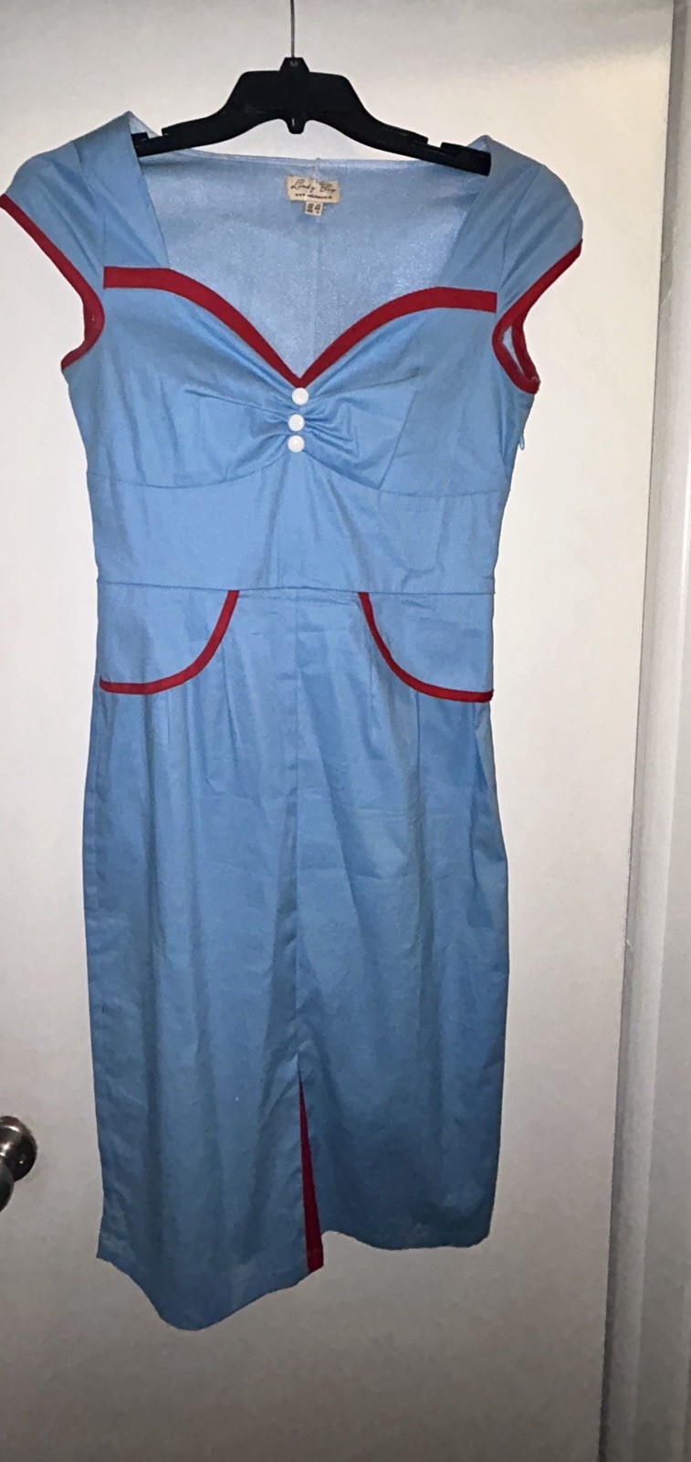 Vintage 1950 dress baby blue with red trim. Pinup girl By Lindy Pop