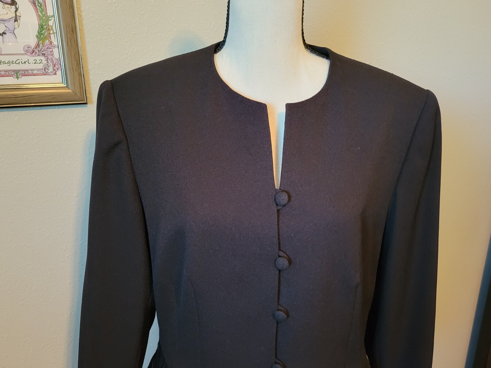Vintage Black Blazer Peplum Scallop Cutout, Button Up By NYP Suits, Size 10