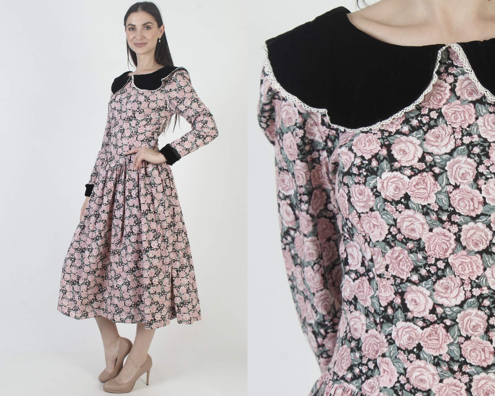 Vtg 80s Jessica McClintock Rose Floral Dress Romantic Deco Victorian Tea Midi
