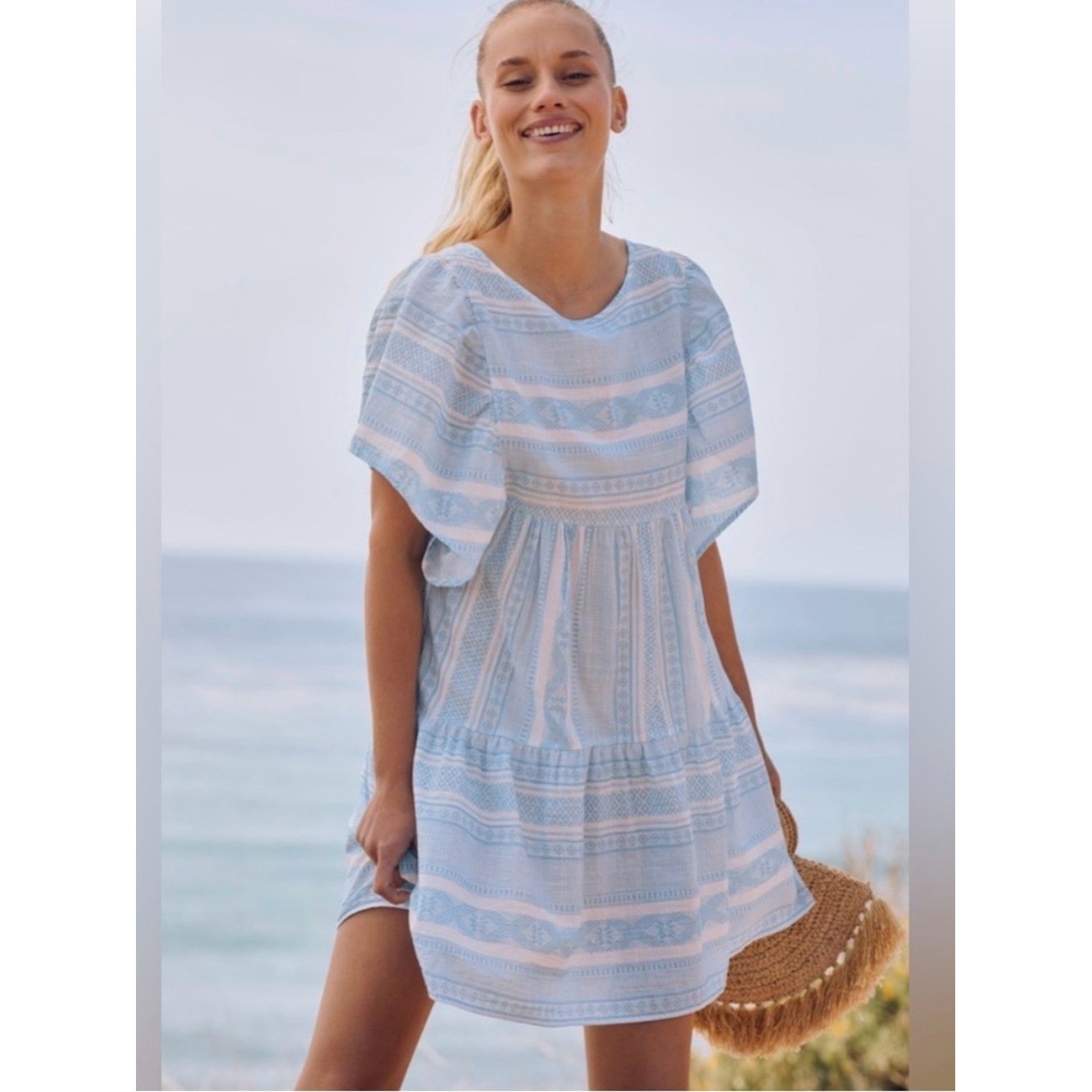 Anthro Maeve Vintage Denim lightweight Blue Striped 100% Cotton Summer Dress M