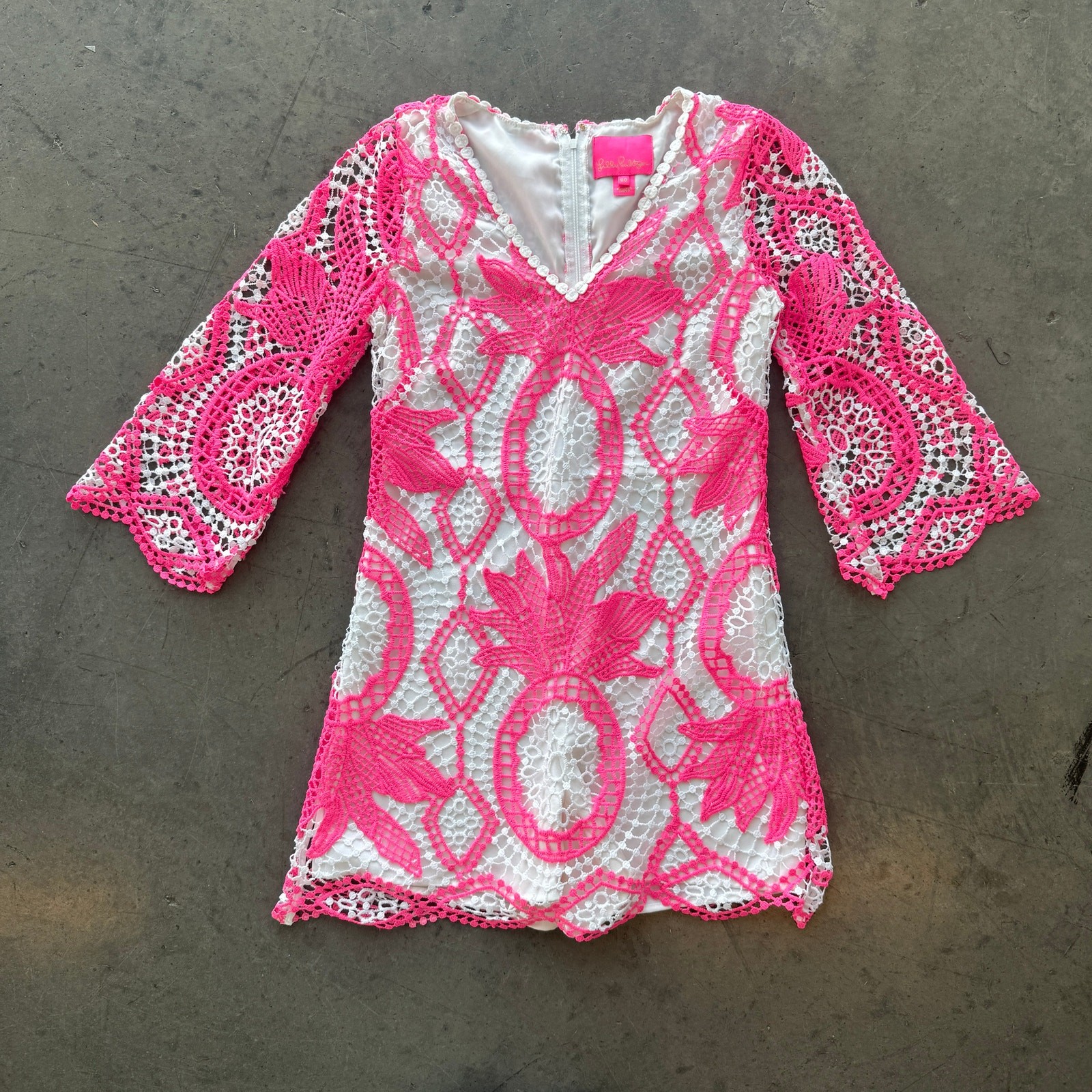 Lilly Pulitzer Lottie Romper Pink Tropics Juice Stand Crochet Flare White Size 0