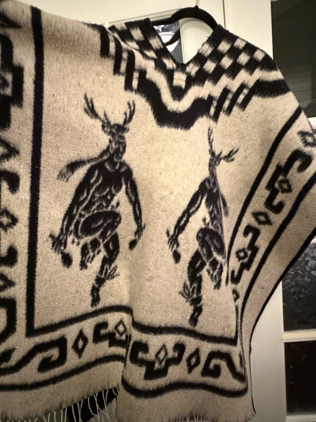 Vintage Reversible Black And White Native Indigenous Wool Poncho