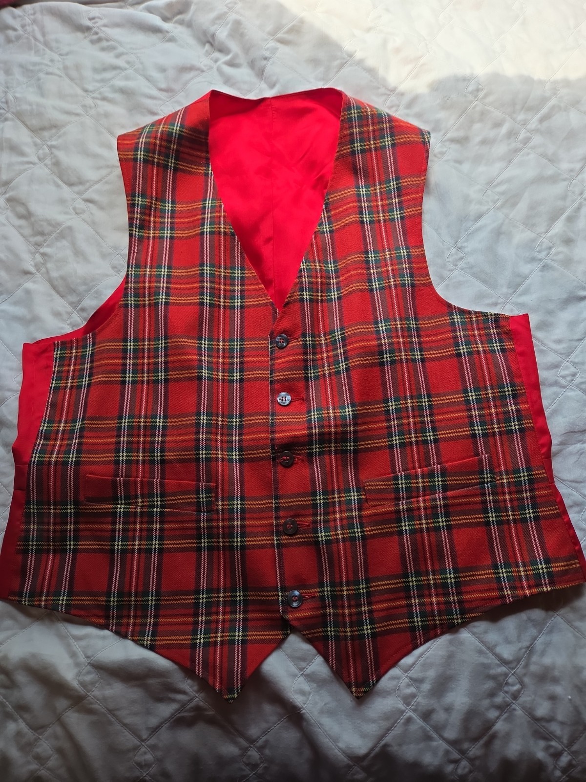 Vintage red Plaid Wool Vest SZ M Satin Lined Button Front Tailored Academia