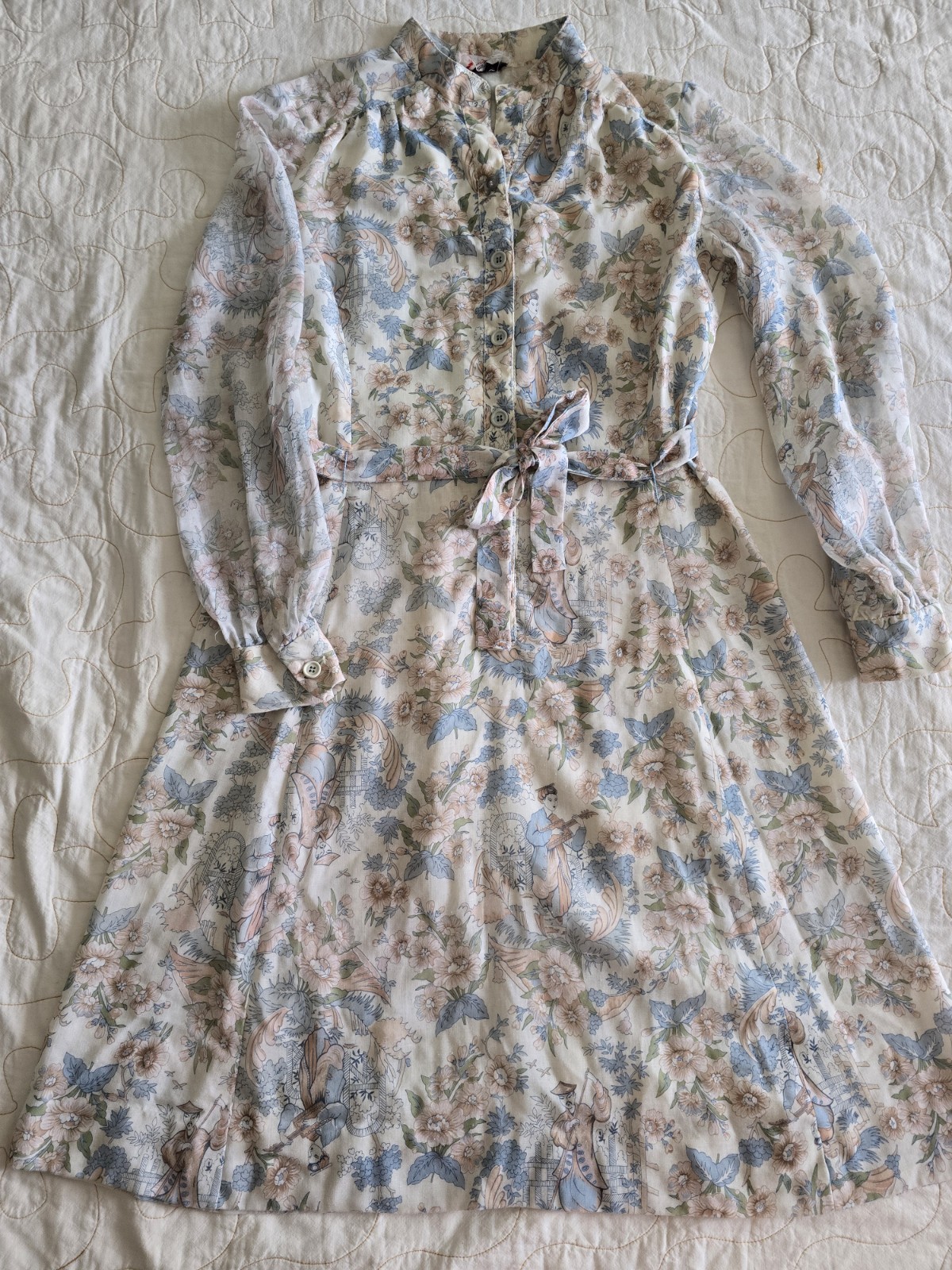 Vintage 60s 70s Novelty Print Shirt waist Dress Womens Medium Etheral Romantic