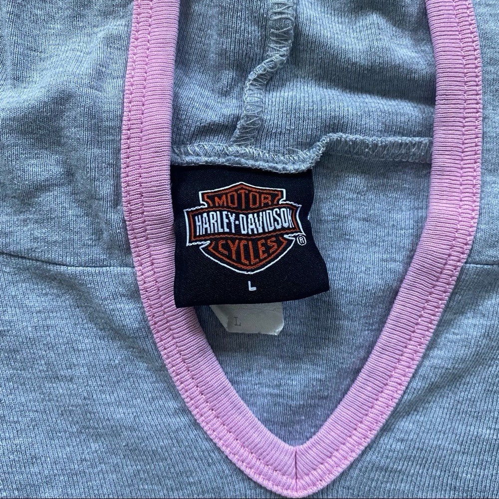 Vintage 00s Harley Davidson Holoubek hooded half sleeve tshirt gray w pink trim