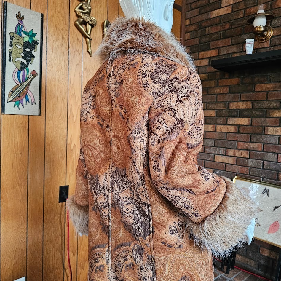 Vtg 90s do 70s Penny Lane Hippie Faux Fur Jacket Shaggy Afghan Tapestry Coat M