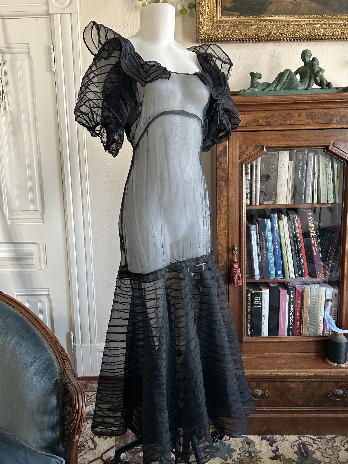 Vintage 1930s Sheer Black Mesh Net Gown Dress Bolero Set Bias Cut Deco Maxi S/M