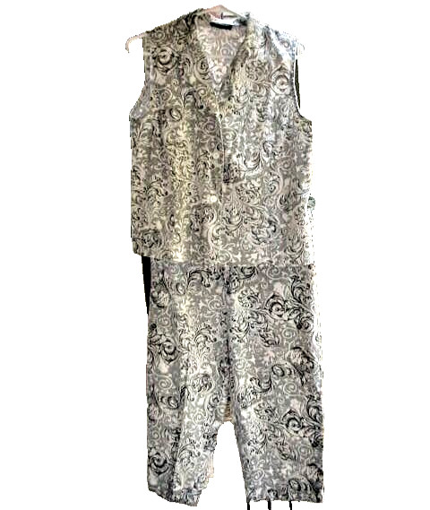 Alanni Vintage 2-Piece Black & White Paisley Capri Sleeveless Outfit Sz L