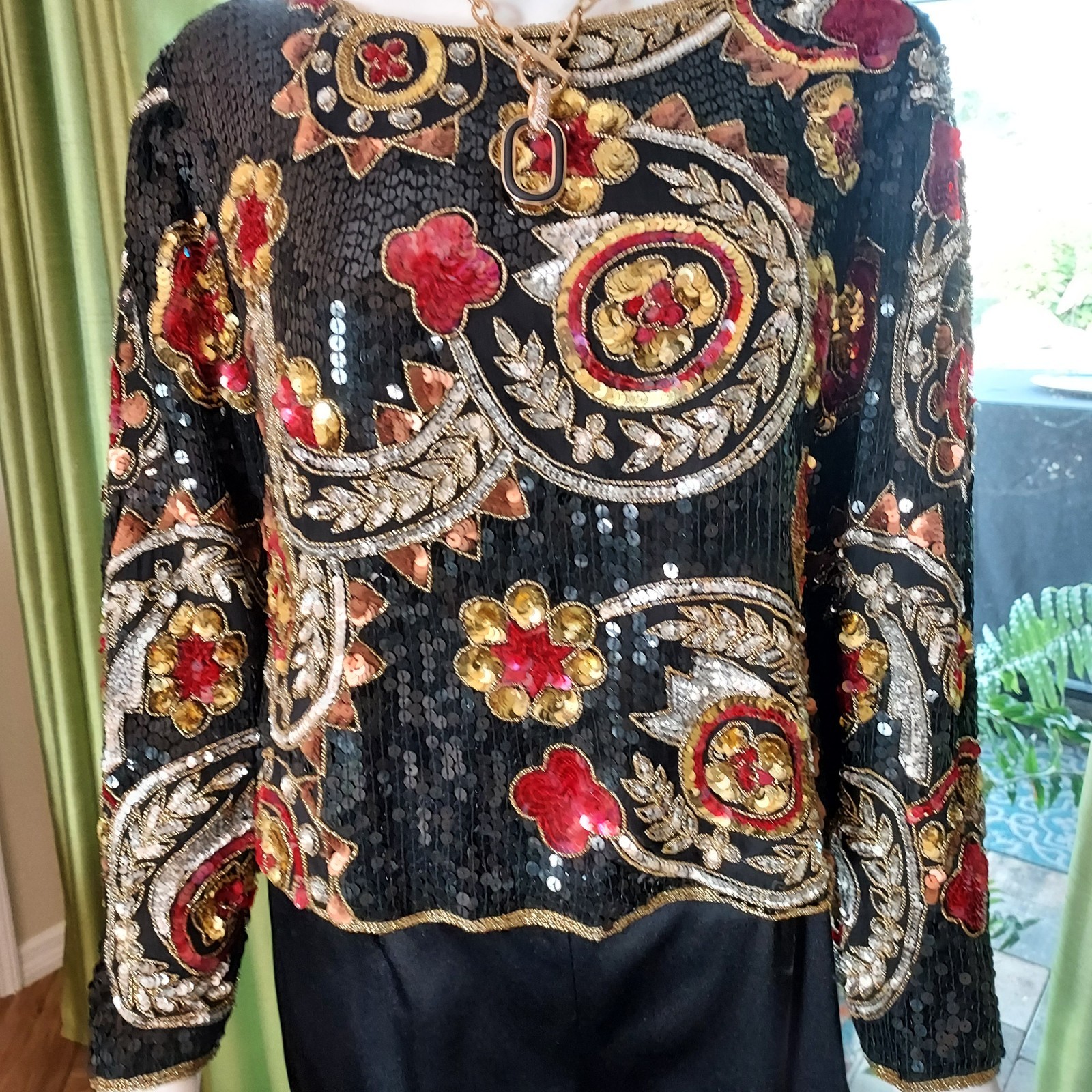 Scala 1980s Sequin Beaded Silk Top XLP Black Gold Red Cocktail Disco Embellished