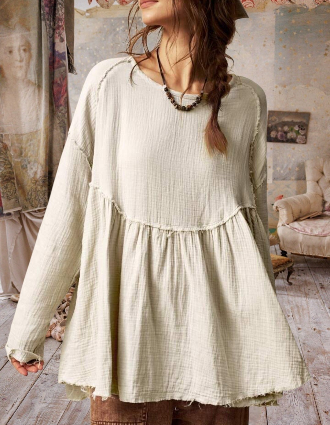 Magnolia Style Light Beige Vintage Distressed hippie boho Tunic shirt top S