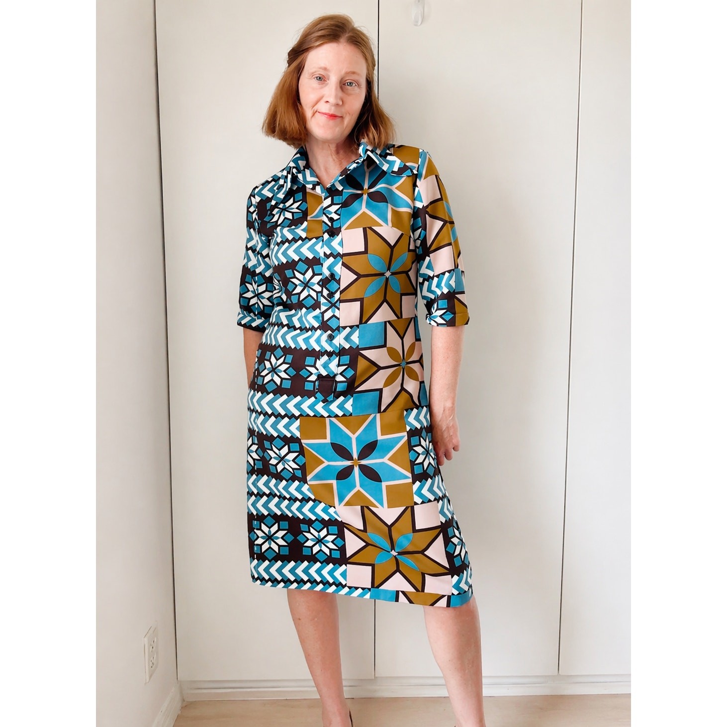 Vtg 70s LANVIN Paris OP Art MOD Dagger Collar Shirt Dress Sz M 8-10 Fit