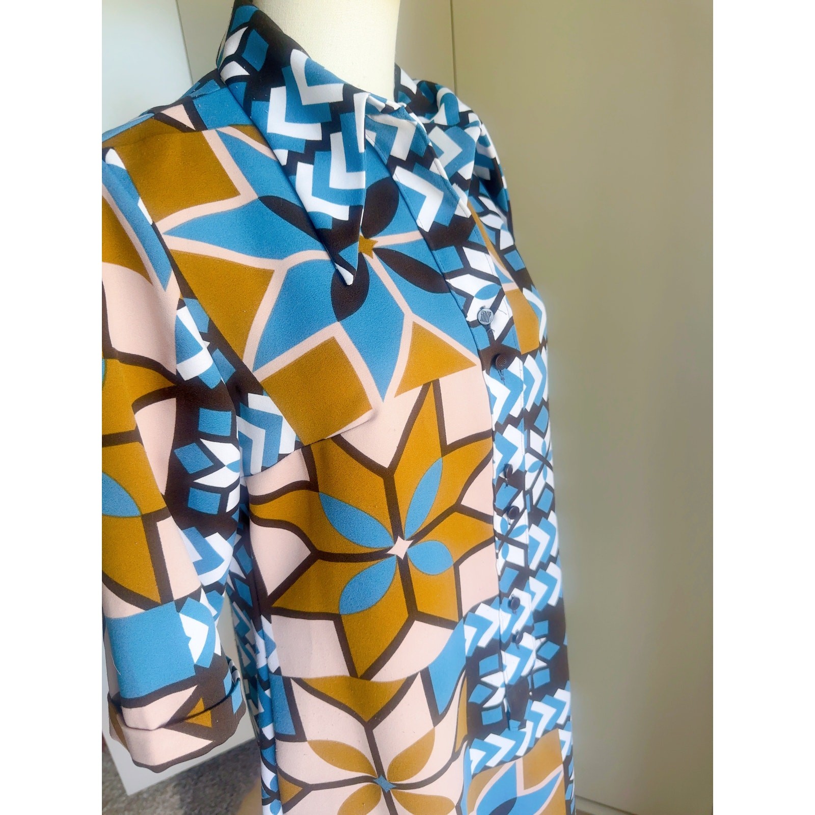 Vtg 70s LANVIN Paris OP Art MOD Dagger Collar Shirt Dress Sz M 8-10 Fit