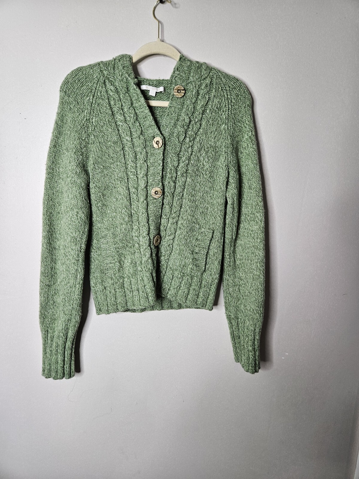 Y2K Bke Vintage Green Tweed Hooded Kangaroo Pocket Button Cardigan
