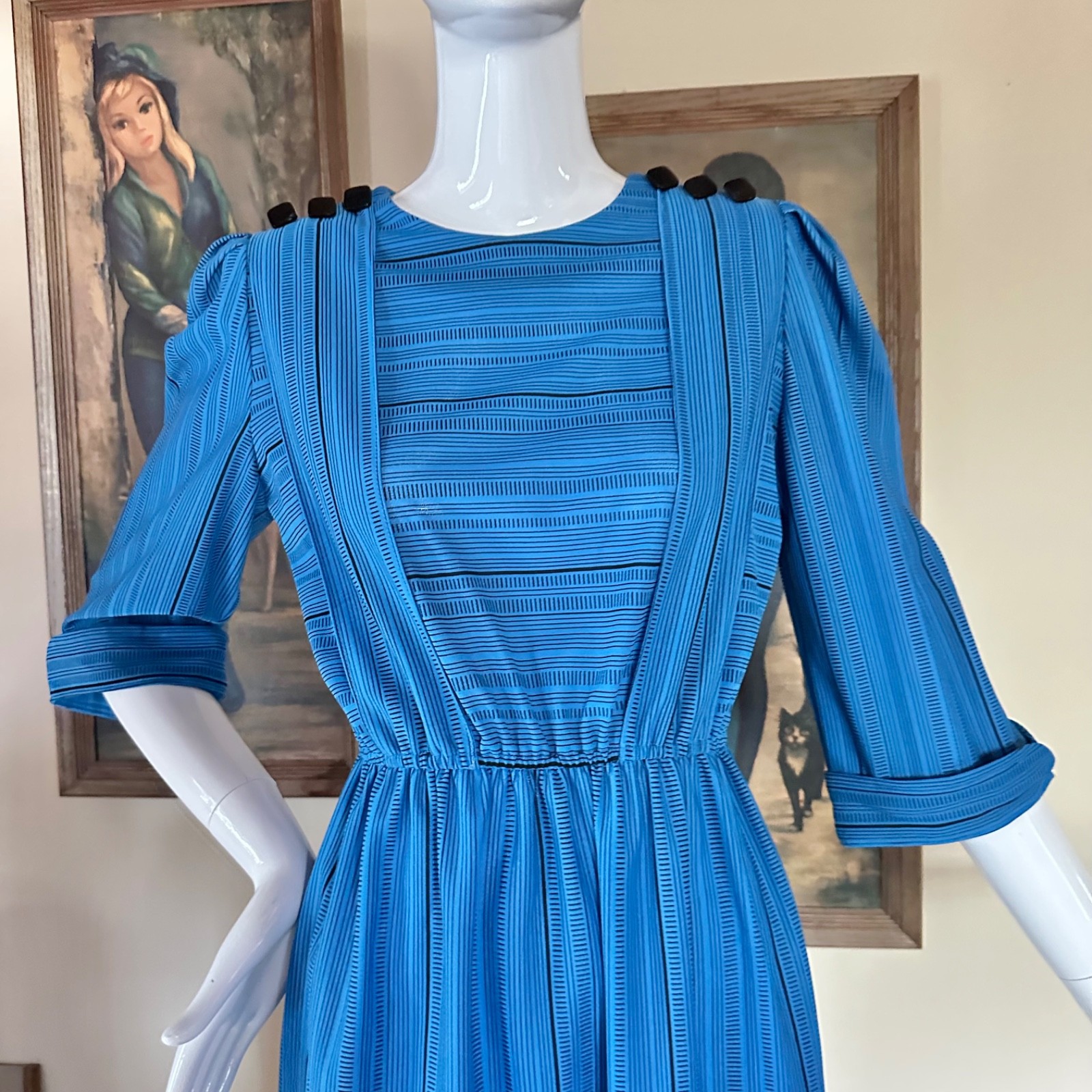 Vintage 1980s New Wave Dashes Striped Midi Day Dress Preppy Secretary M