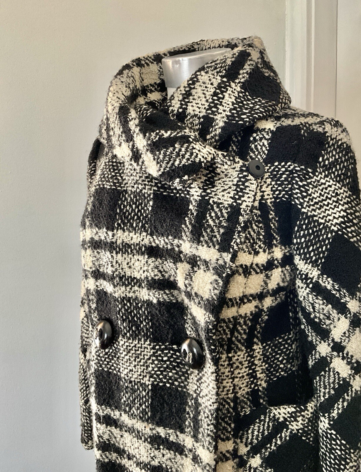 Vintage 1960’s Pauline Trigere Monochromatic Plaid Wool Tweed Coat