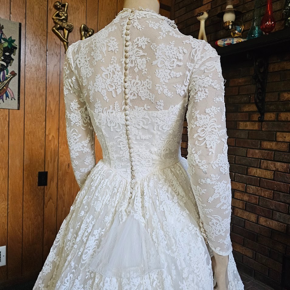 Vtg 50s Floral Bows Lace Netting Wedding Gown Cupcake Cathedral Train Dress XS/S