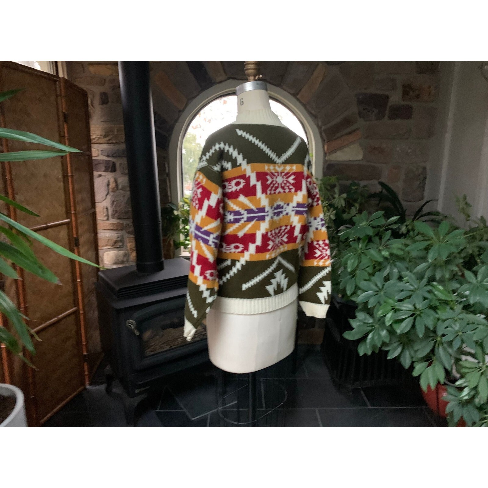 Vintage 1980s Ivory Olive Green Geometric Mock Neck Sweater