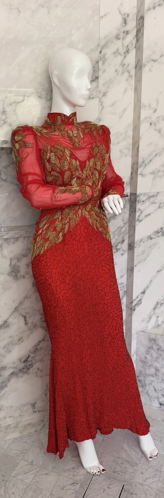 Vintage Lemieux Red Gold Beaded Silk Evening Gown Size 6 Formal Pageant Dress