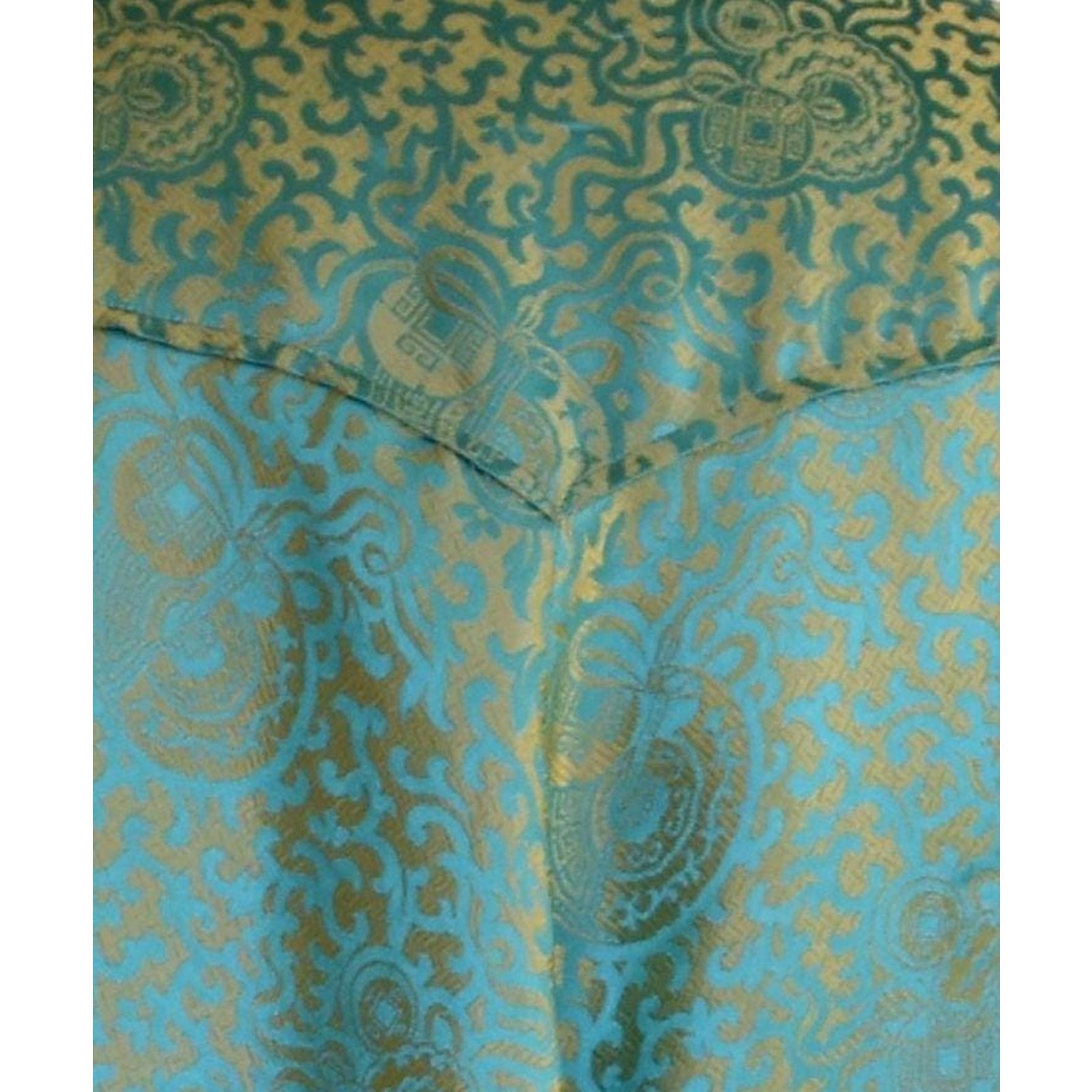 Vintage 60s Silk Jacquard Asian Jacket, Aqua Blue and Gold, Size L Large