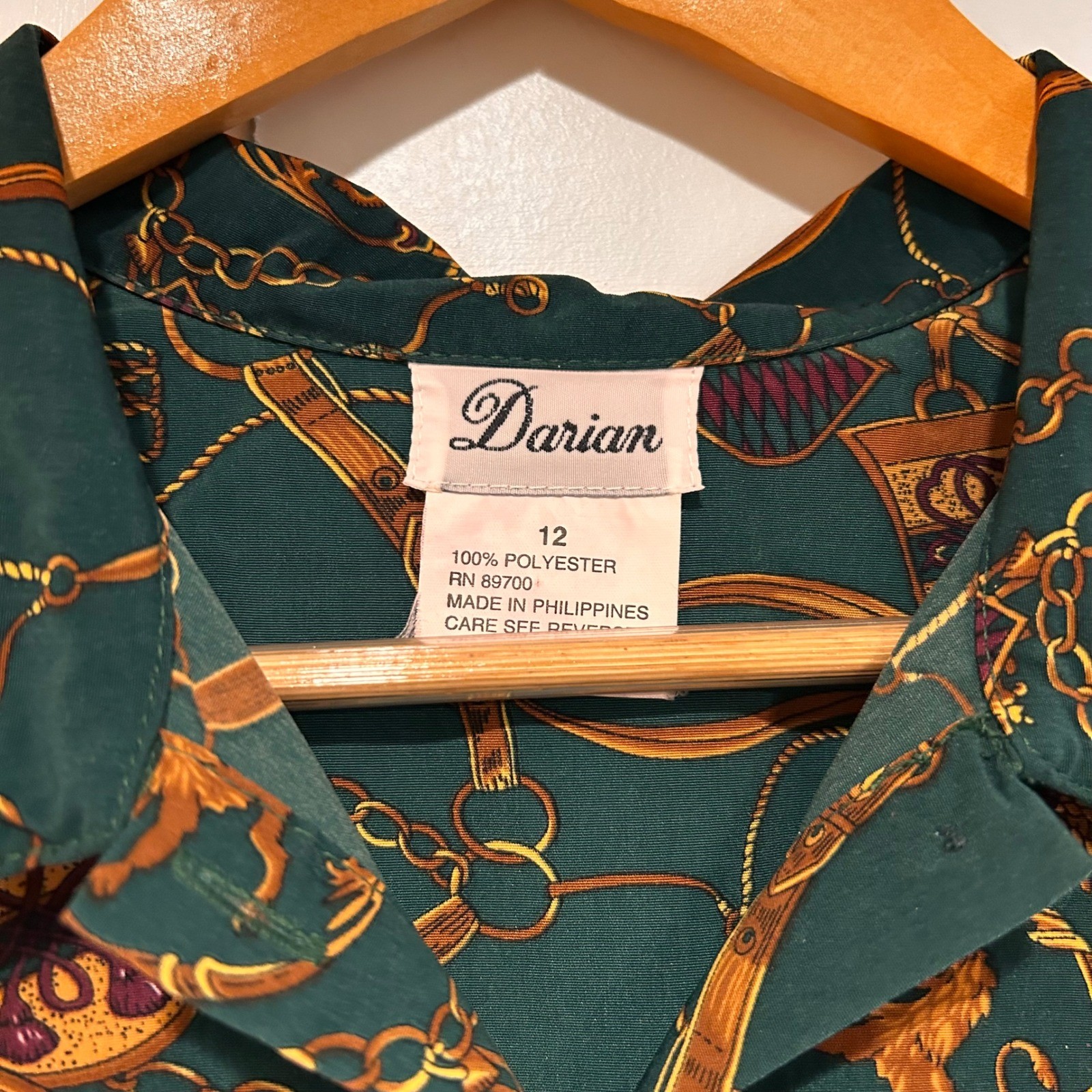 Vintage Darian Green Equestrian Print Shirt Dress Women’s 12 Old Money Heritage