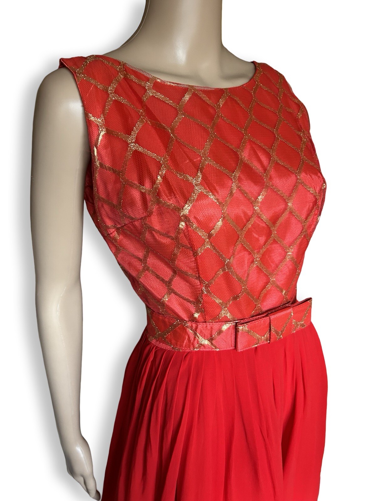 Vintage 1950s Gold Metallic Geometric Red Silk Chiffon Party Dress Holiday Xmas