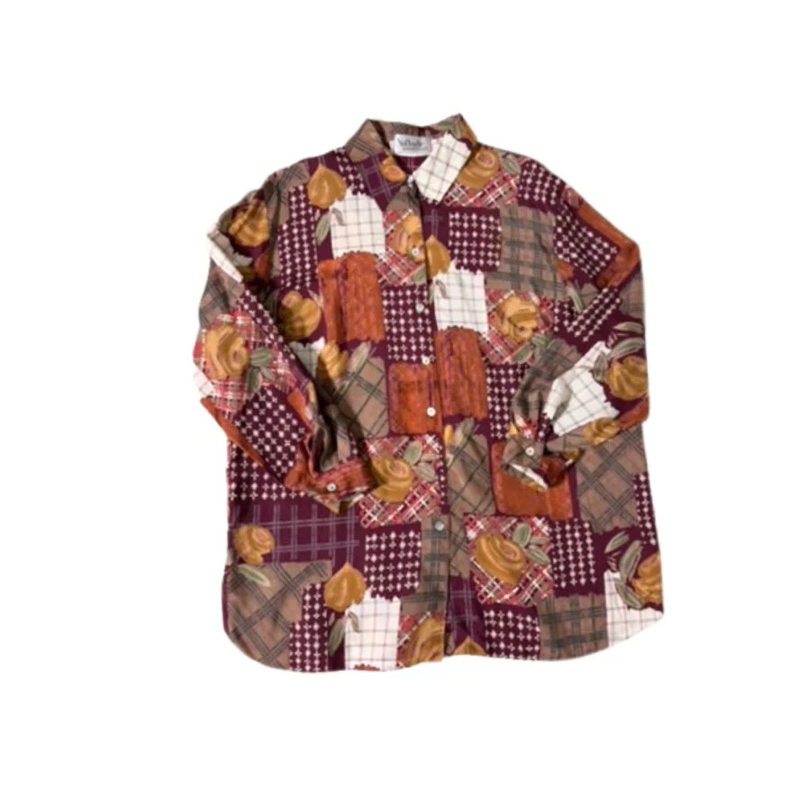 Patchwork Print Shirt Blouse Burgundy Multi Size 16 – Vintage