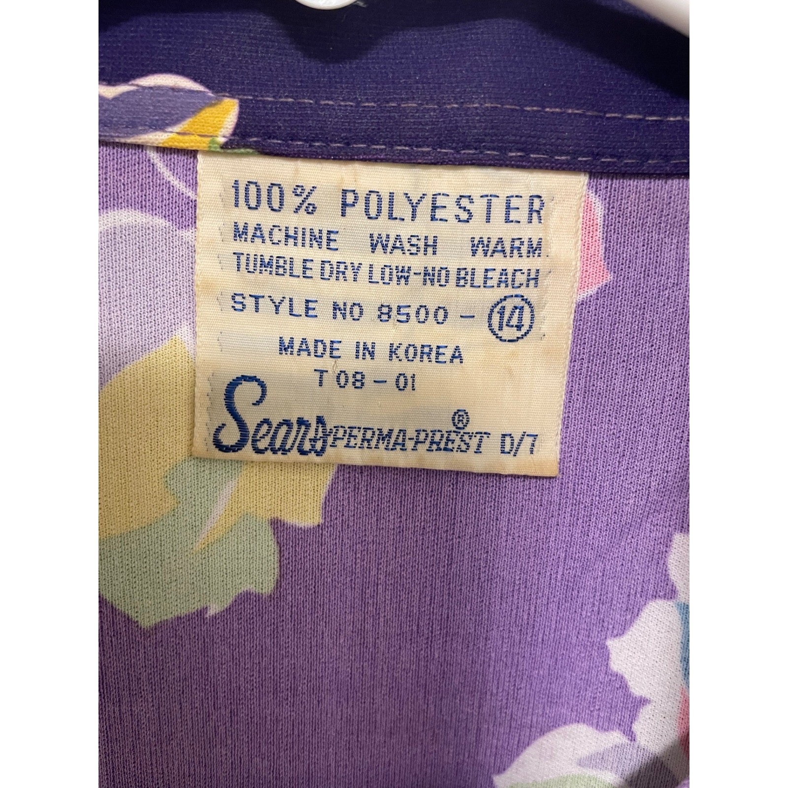 Vintage Sears Shirt Button Down 70s Dagger Collar Perma-Prest Purple Floral 14