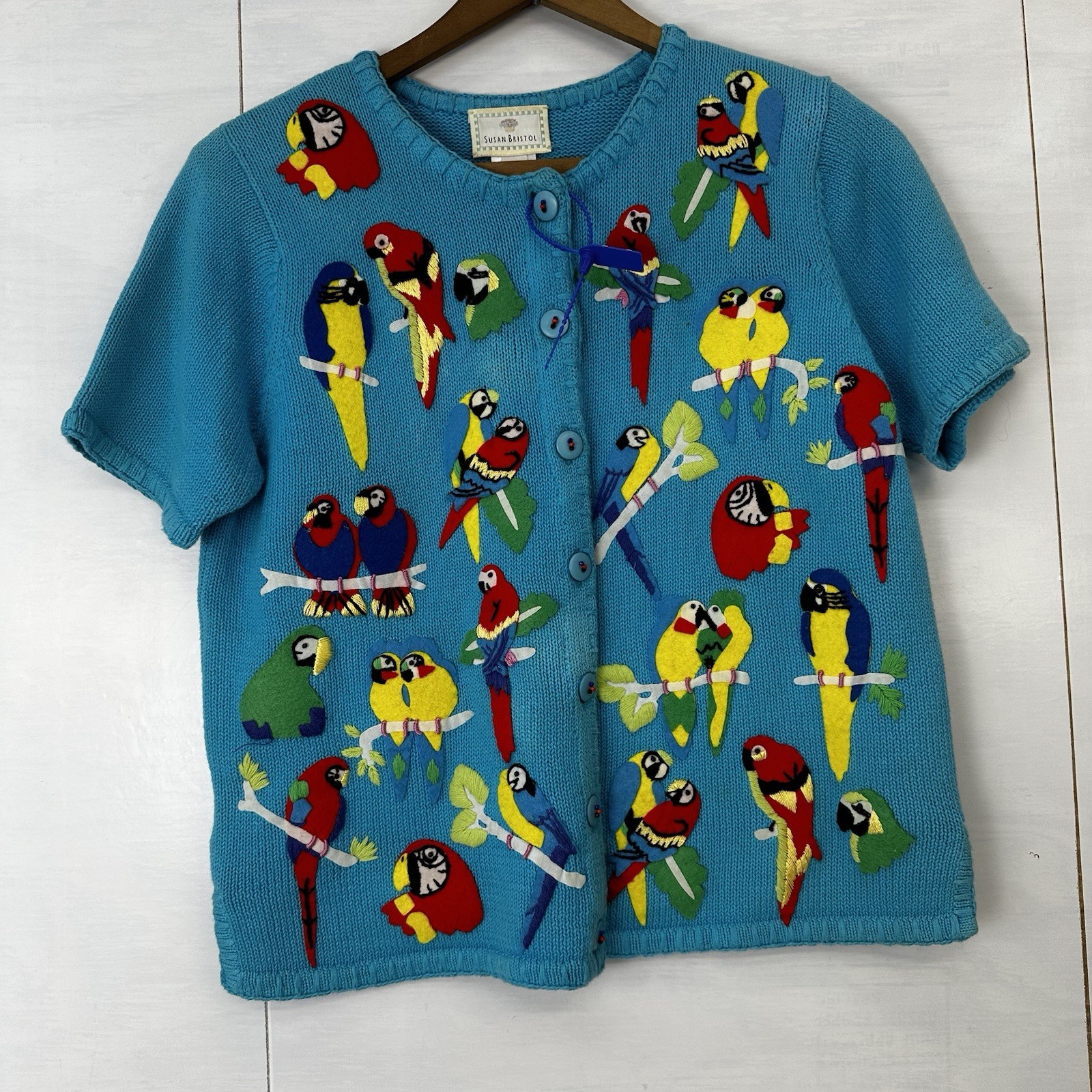 Susan Bristol VTG 1999 Parrot Cardigan Tropical Bird Knit RamieCotton Y2K S READ