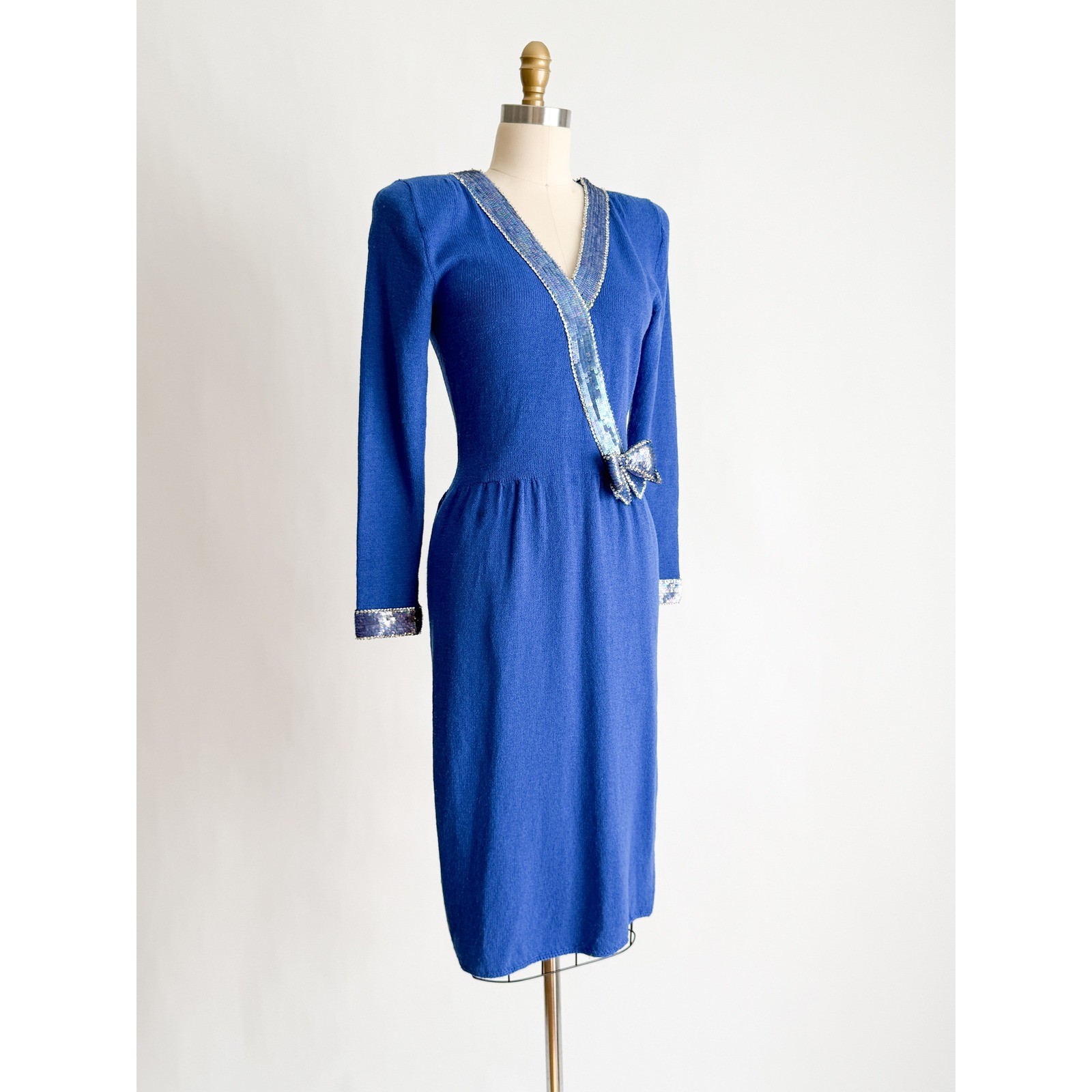 Don Sayres Wellmore Vintage Knit Dress Sequin Bow Blue Wool Blend Midi Blue S-M