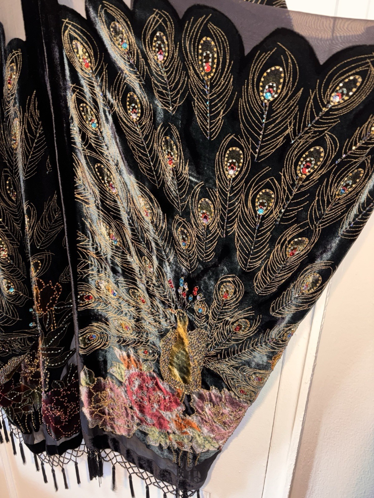 Vintage Silk Velvet Beaded Peacock Duster Coat Opera Black Fringe Romantic Goth