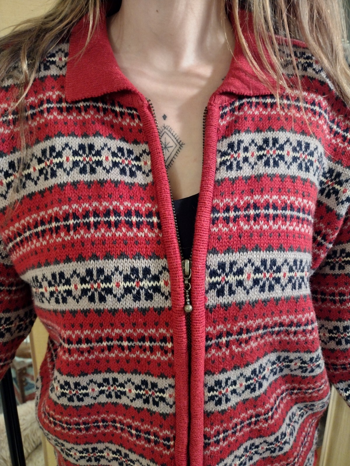 Paul Harris Design VINTAGE 1990’S L FairIsle Red/Multi Color, Zip Up Cardigan