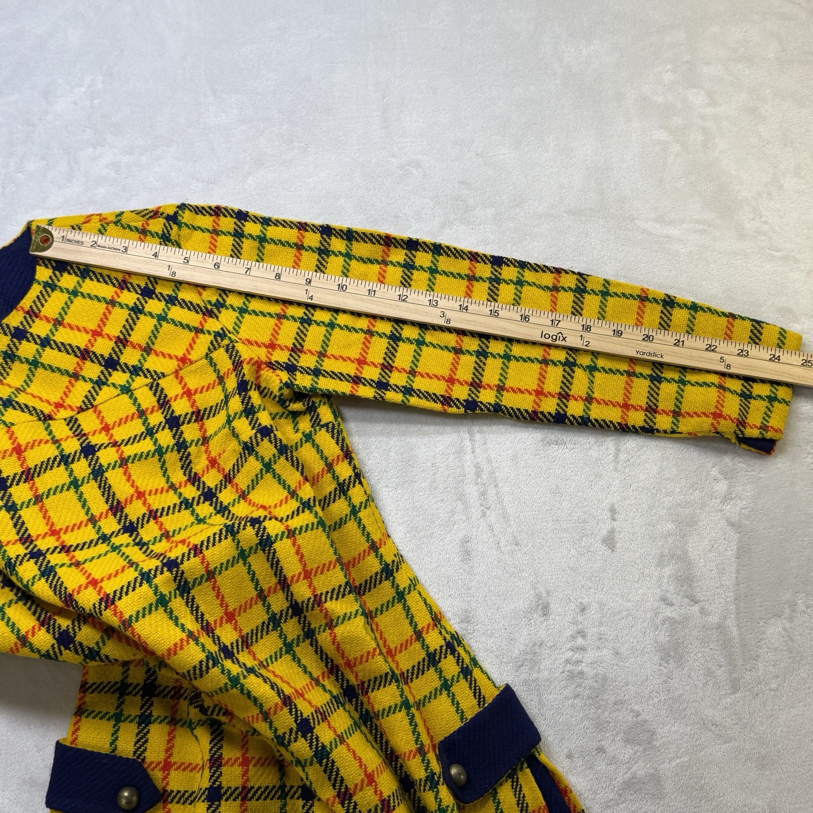 Vintage 60s 70s Parfait Originals Plaid Mod Dress Yellow Wool Disco MCM