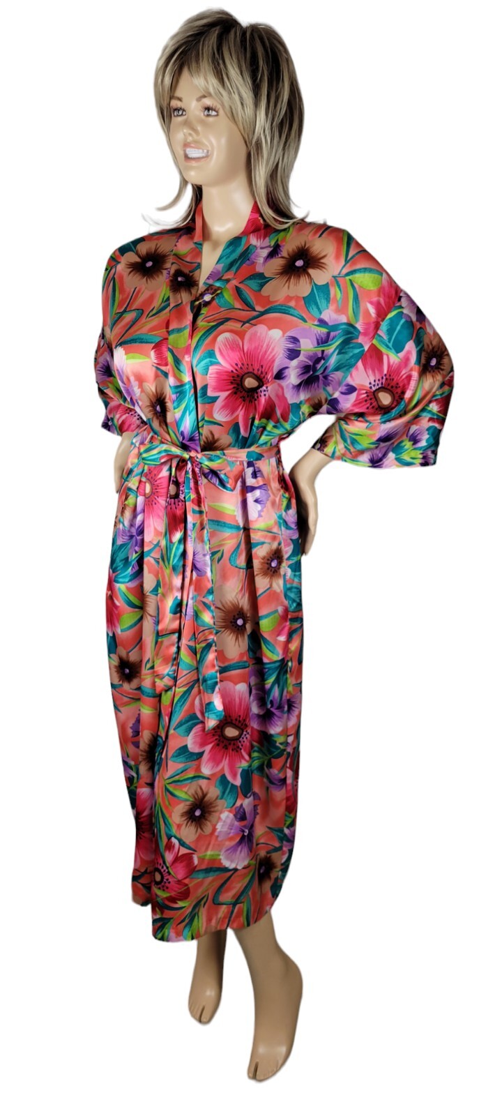 Vtg Sears Just For Women Tropical Floral Satin Maxi Caftan Kimono Robe One Size
