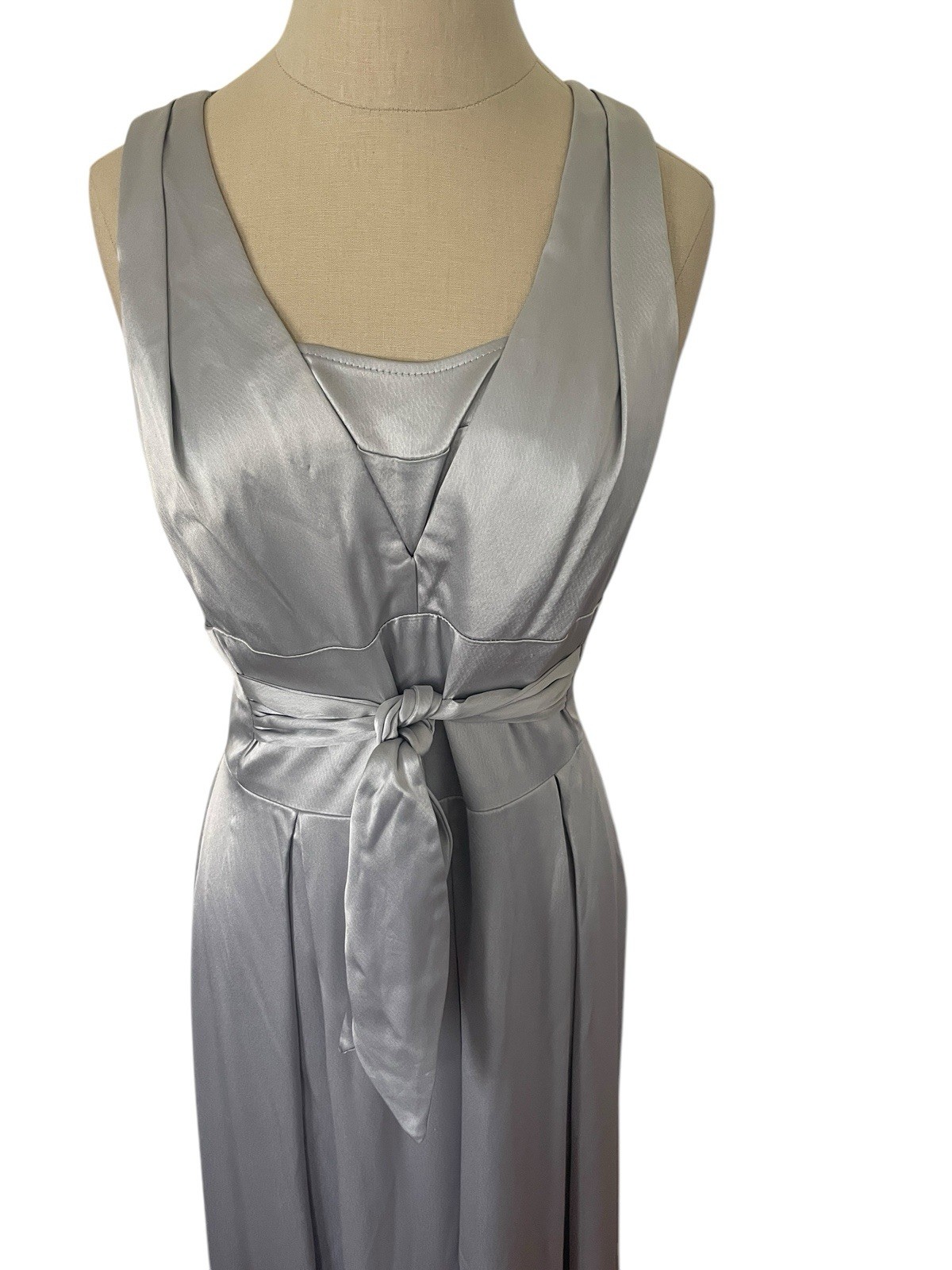 Vtg 90s A.B.S Allen Schwartz Satin Silver Dress Gown Y2K Old Hollywood Glam Sz 8