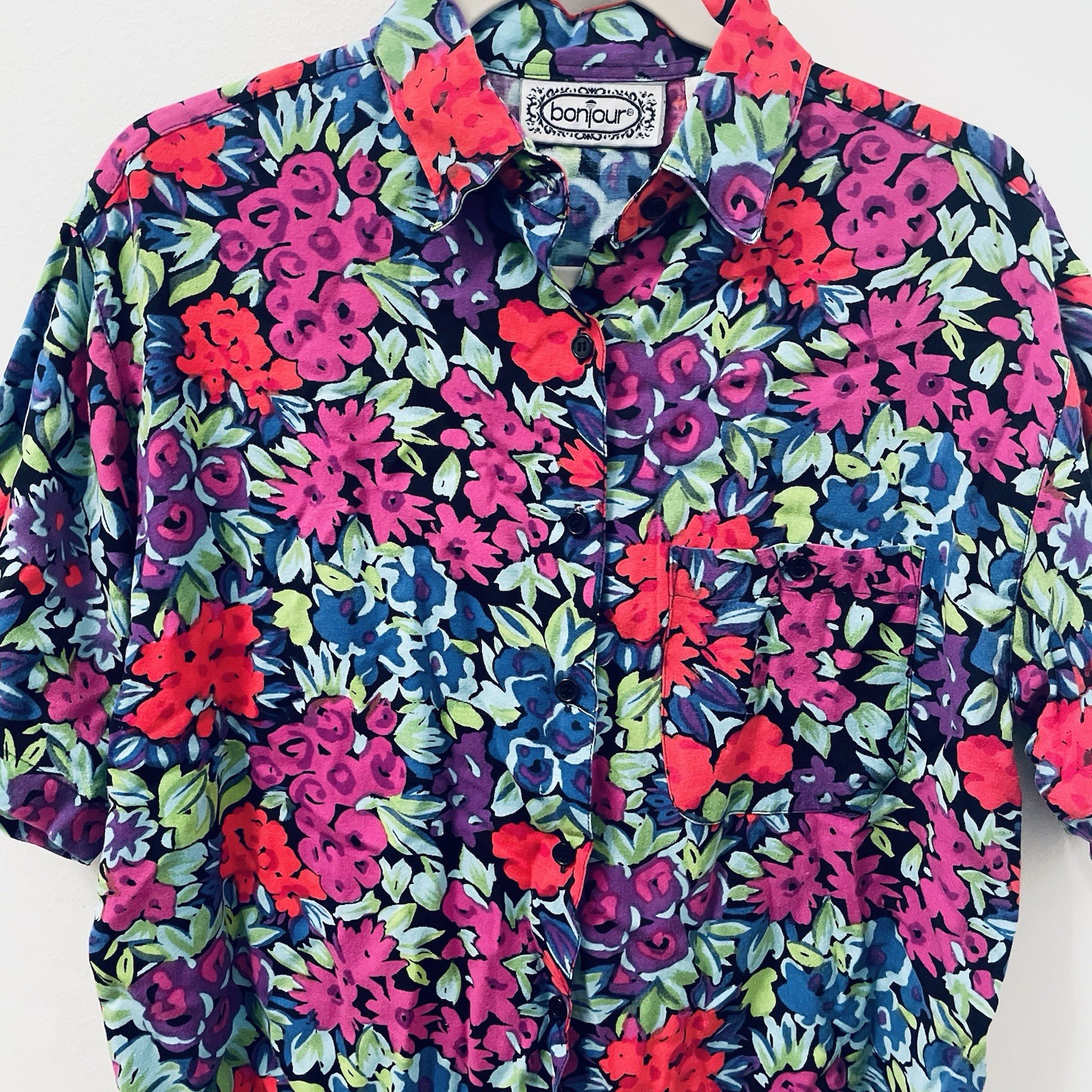 Bonjour Women’s Maximalist Short Sleeve Button Down Floral Colorful Casual Shirt