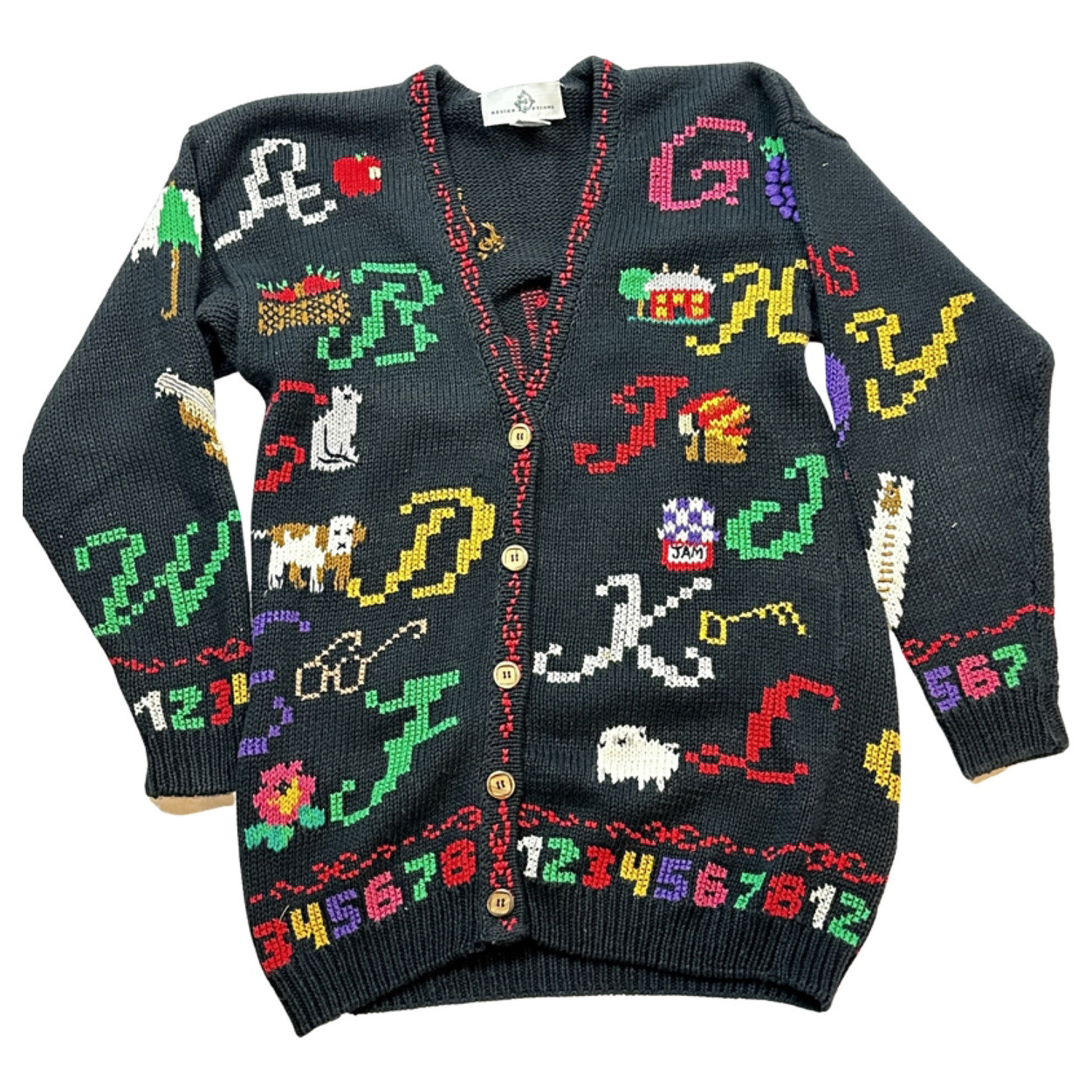 Vintage DESIGN OPTIONS Knitwear Cardigan Sweater Alphabet And Numbers Sz. Small