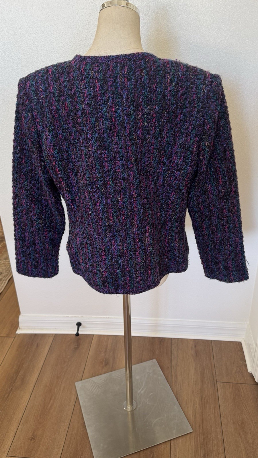 Vintage 80s Lucia Petites Purple Tweed Cropped Blazer Large Multicolored Bouclé