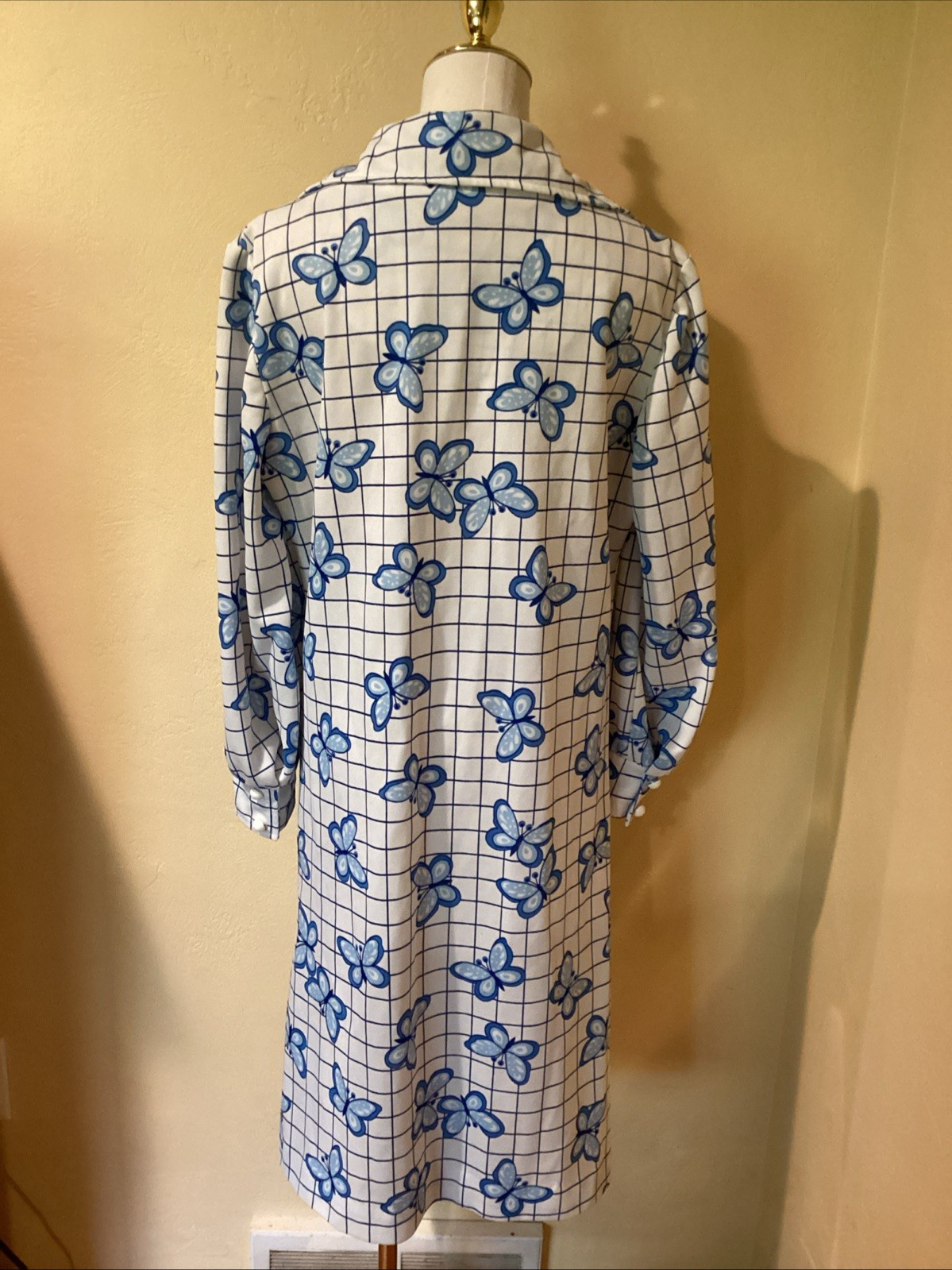 Vintage 70s “Prissy” Blue And White Butterfly Checkered Button up Shirt Dress