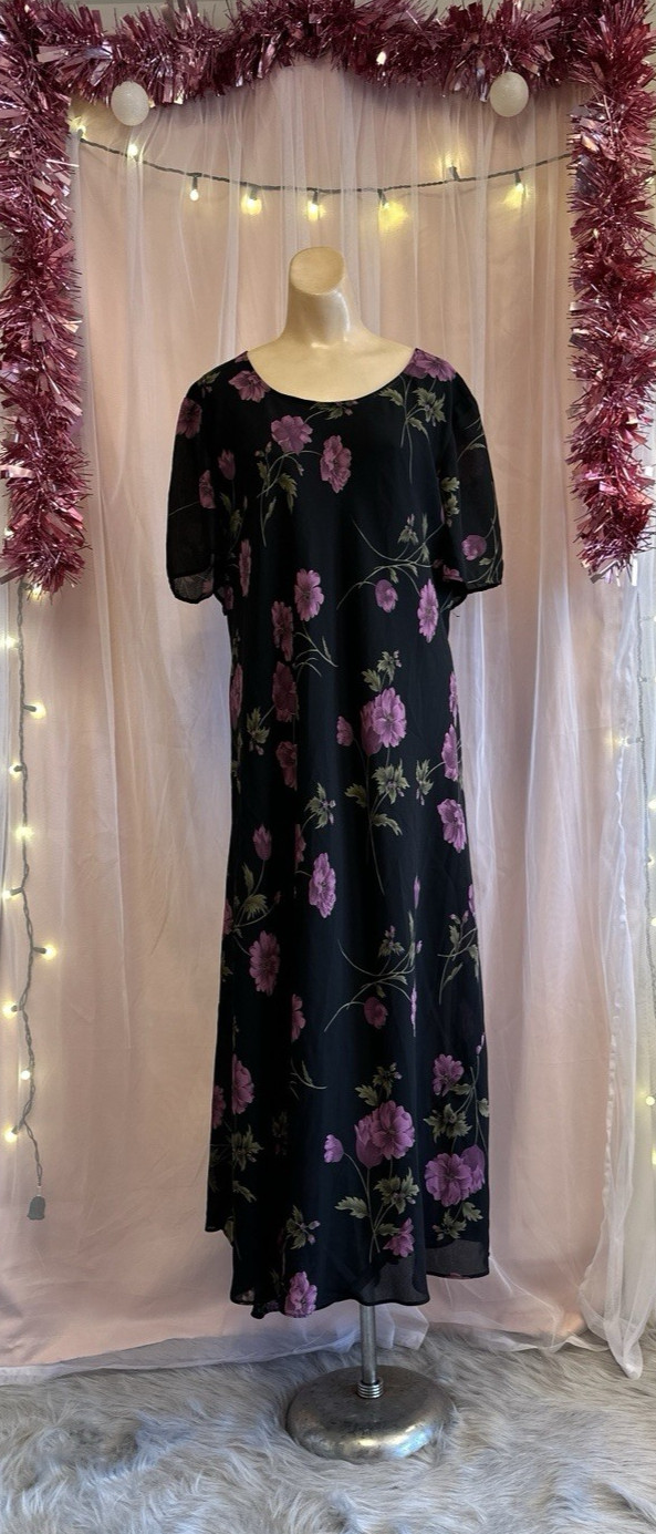 Vintage 90s Floral Print Maxi Dress Black Purple Flowy Boho Plus Size 3X