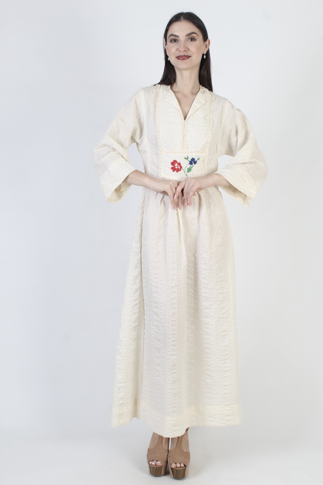 Vtg 70s Cream Seersucker Prairie Dress Bell Slv Peasant Boho Wedding Maxi Gown