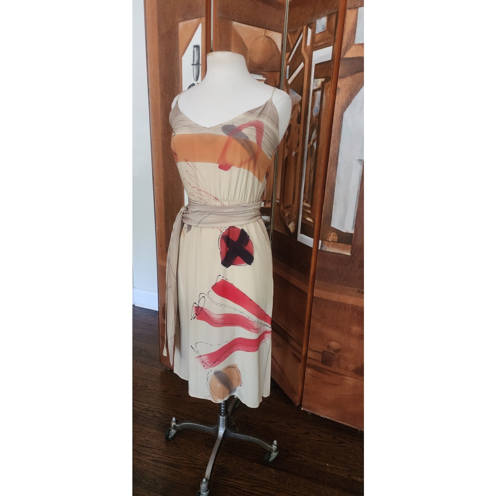 VTG 80s Nicole Chicago Dress Silk Geometric Abstract Print Scarf Belt Sash S
