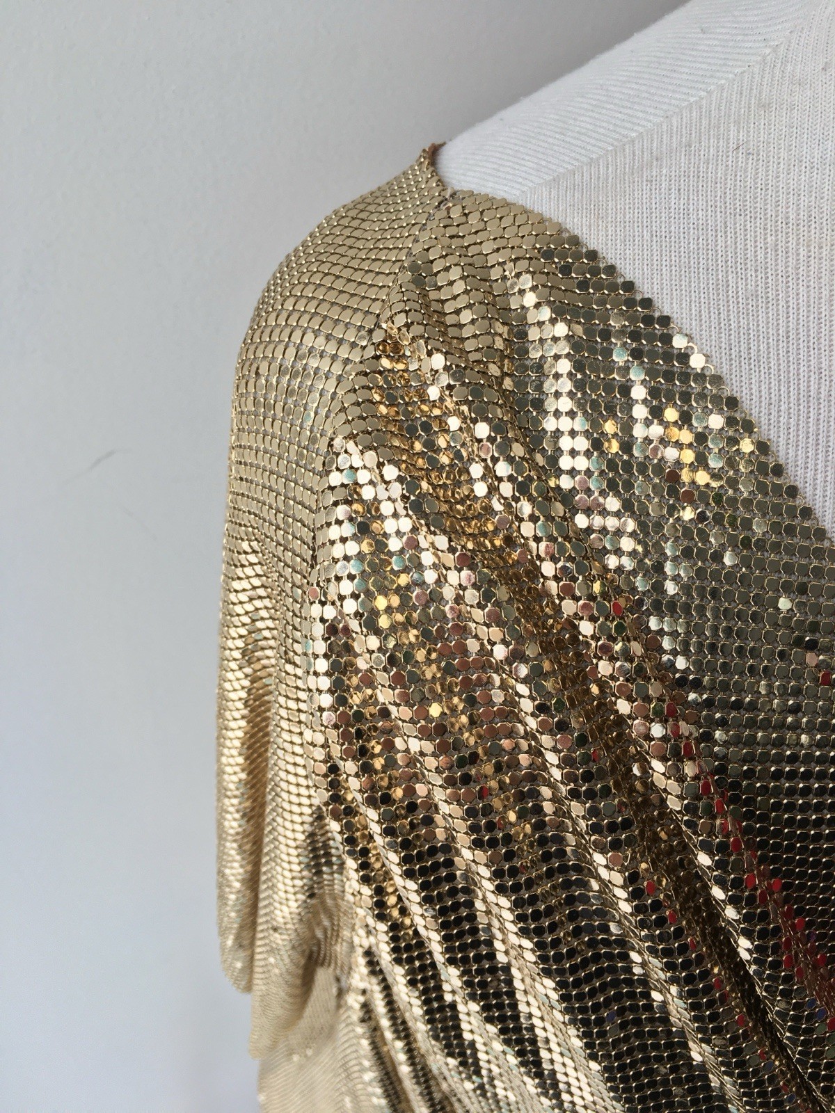 Vtg Whiting Davis Liquid Gold Metal Mesh Chain Mail Draped Front Top 70s Disco M