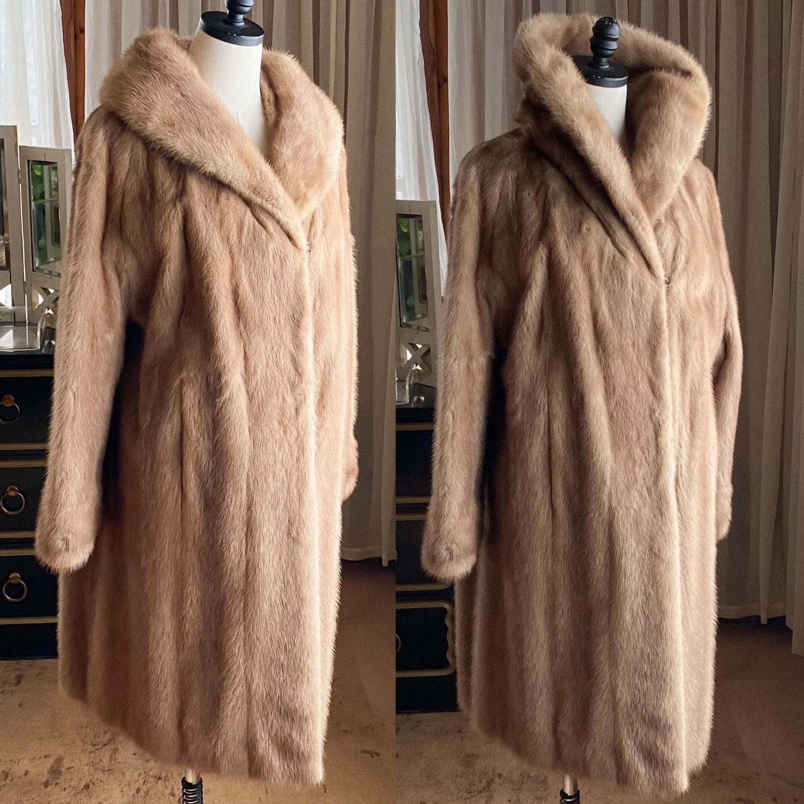 Vintage 60s mink coat midi autumn haze light brown shawl collar 46” bust EUC