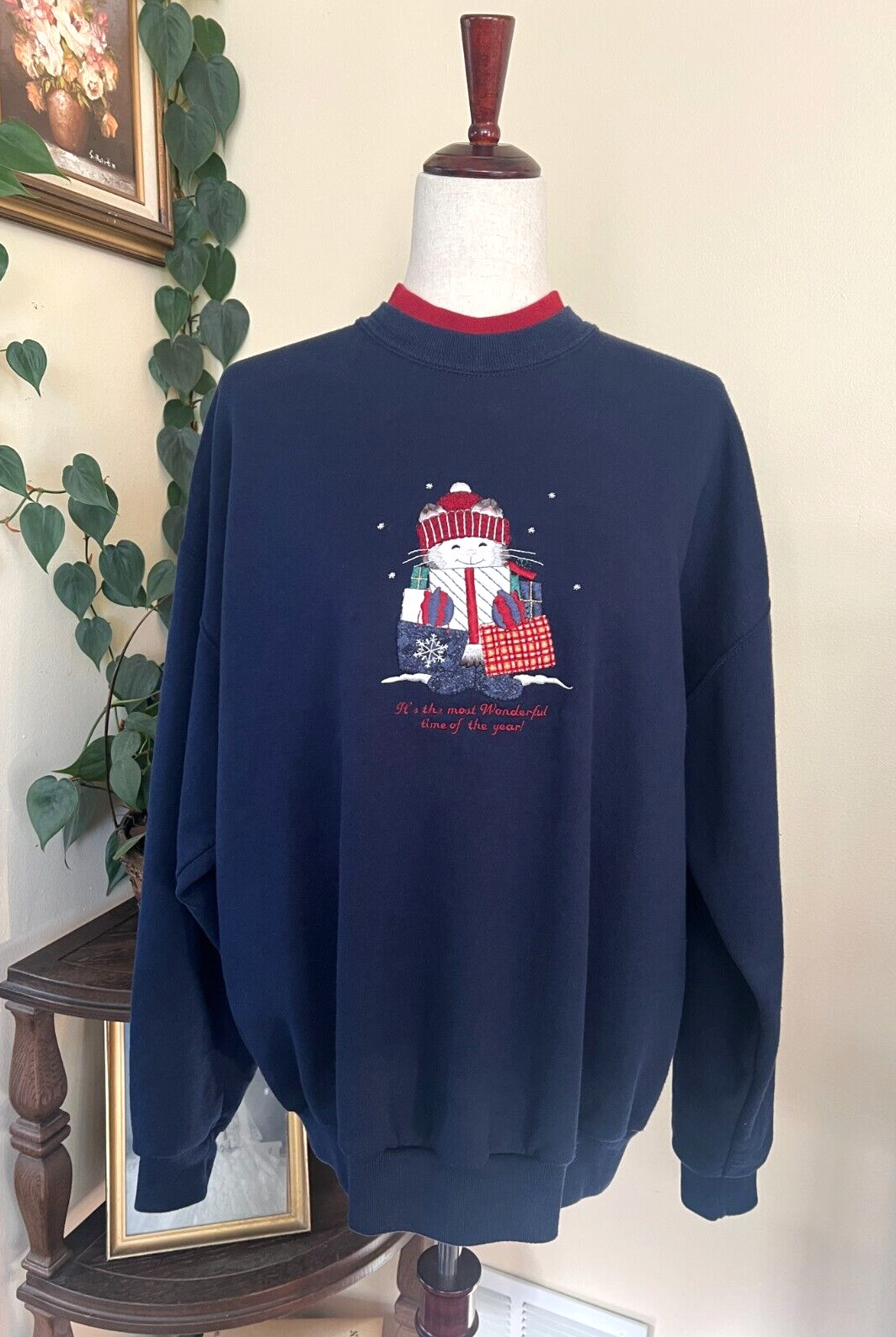 Top Stitch by Morning Sun Navy Blue Christmas Cat Sweatshirt sz XL Grannycore