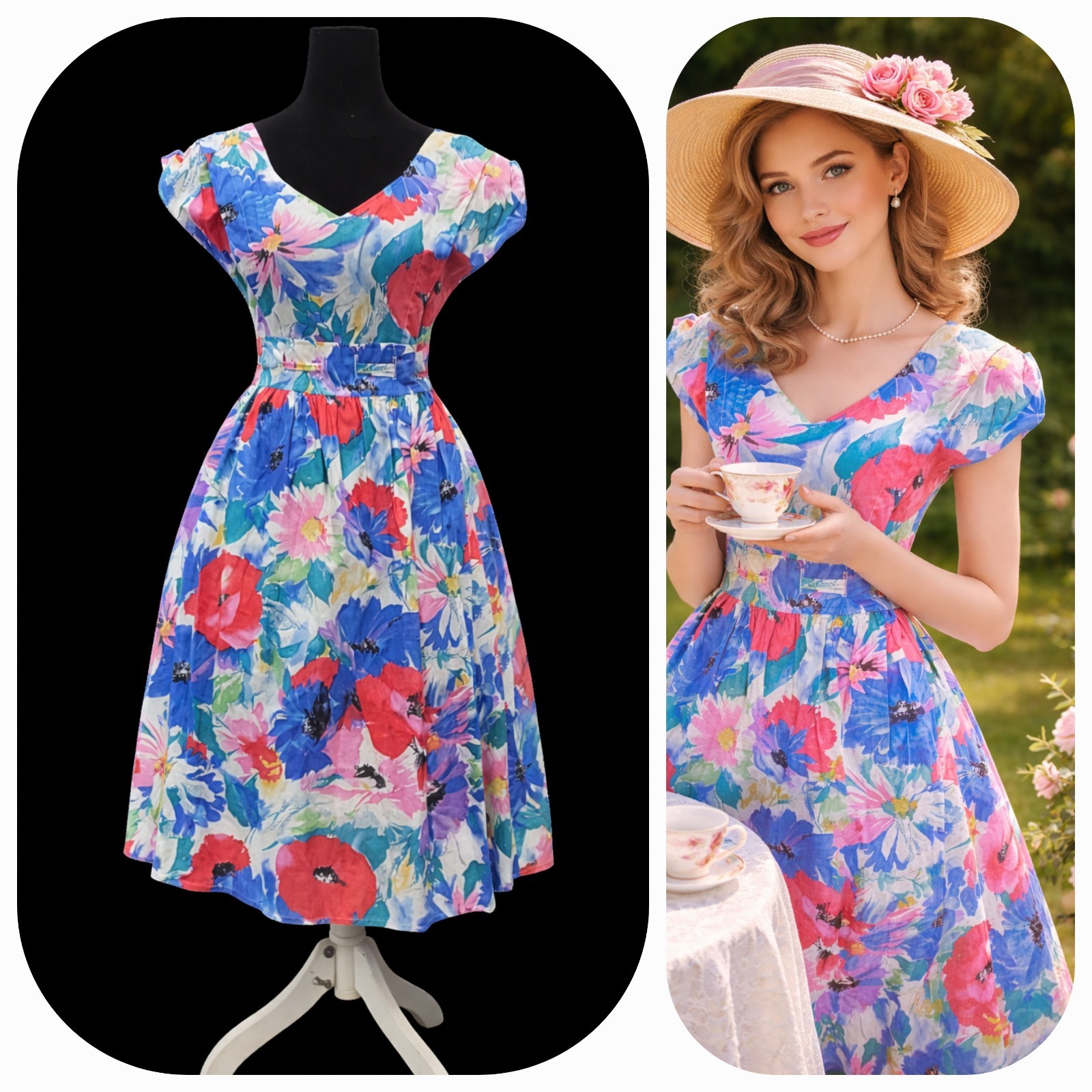 VTG You Babes II Floral Tea Garden Party Dress Cottagecore Fit Flare Midi